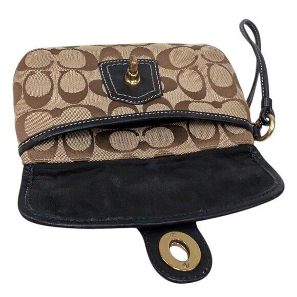Coach Signature Wristlet Bag Tan Brown Logo Jacquard Black Leather Trim Clutch - Picture 11 of 12